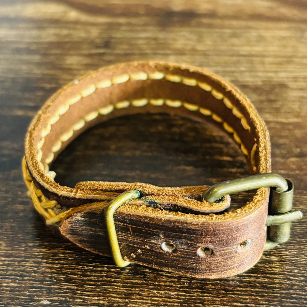 Brown Distressed Leather Woven Cord Cuff Bracelet Antique Brass Buckle